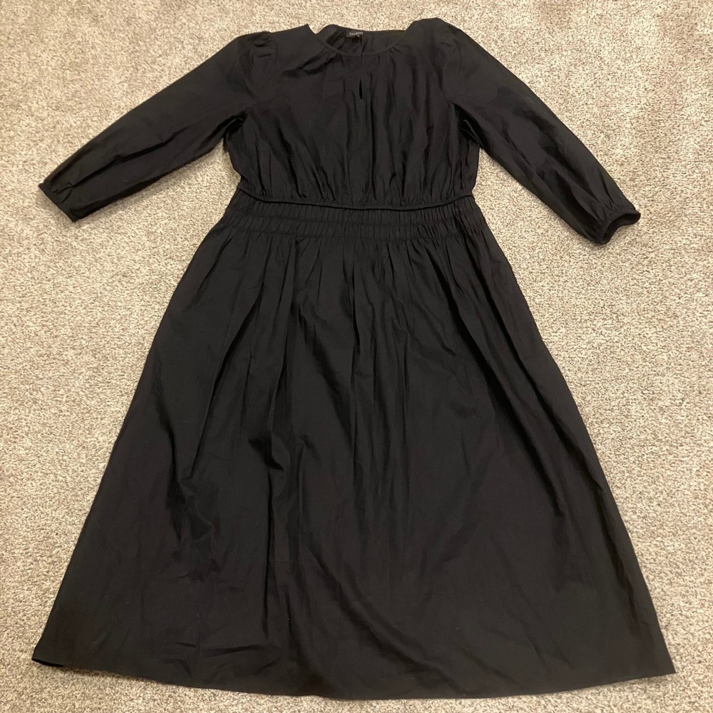 Talbots Black 100% Cotton Smocked Waist Midi Dress 3/4 Sleeve Size 12 Minimalist